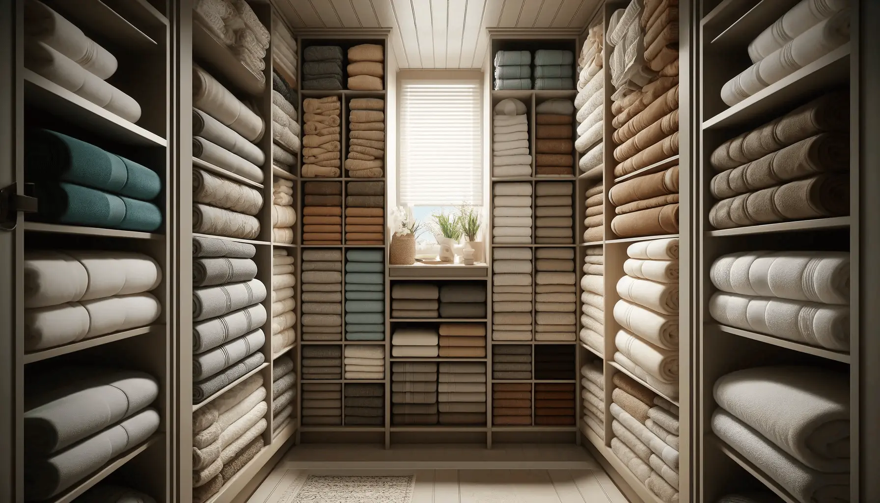 An assortment of plush towels neatly folded and stacked inside a linen closet, highlighting proper storage techniques.